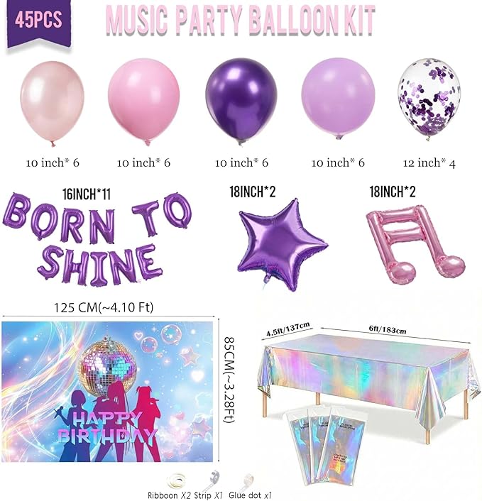 Purple pink Balloon Arch Garland Kit with backdrop Tablecloth Musical symbols Star “born to shine” letter mylar balloons for kpop music Birthday Decorations Y2K Movies fans Prom Party Supplies