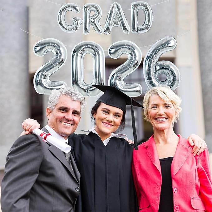 TONIFUL Graduation Balloons 16 Inch Silver Grad Balloons 40 Inch Silver Large Number 2026 Foil Balloons for 2026 Graduation Party Graduate Congratulations 2026 Congrats Grad Decorations