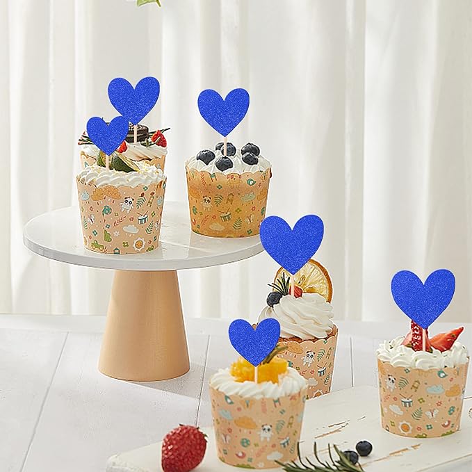 30 PCS Love Heart Cupcake Toppers Glitter Bridal Shower Sweet Love Cupcake Picks for Wedding Engagement Valentine's Day Baby Shower Birthday Party Cake Decorations Supplies Deep Blue