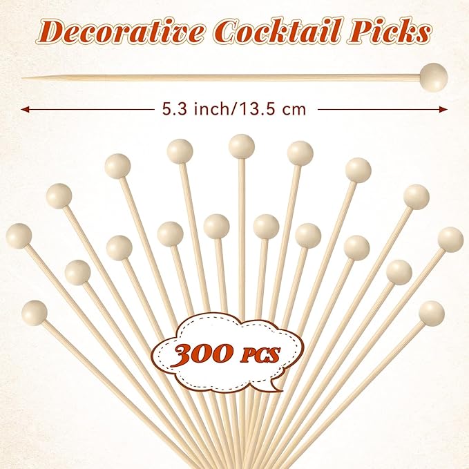 300 Pcs Ball Toothpicks, 5.3 Inch Balls Cocktail Picks for Appetizers, Round Bamboo Toothpicks, Wooden Decorative Toothpicks Skewers for Holiday Birthday Party Decorations (Ball)