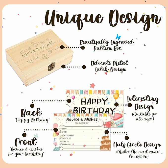 60pcs Birthday Wishes Cards, Guest Book Advice Cards Box for Party, Advice And Wishes for Games, for 16th, 18th, 30th, 40th, 50th, Any Age, Party Favors