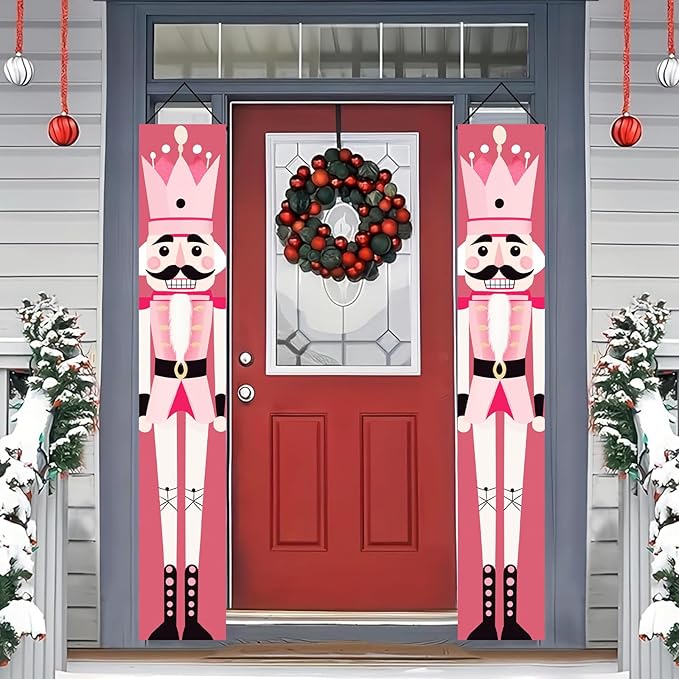 Christmas Nutcracker Door Banner Pink Soldier Porch Sign Holiday Wall Hanging Decoration Outdoor Home Decor Seasonal Entryway Porch Sign Christmas Winter Front Door Display