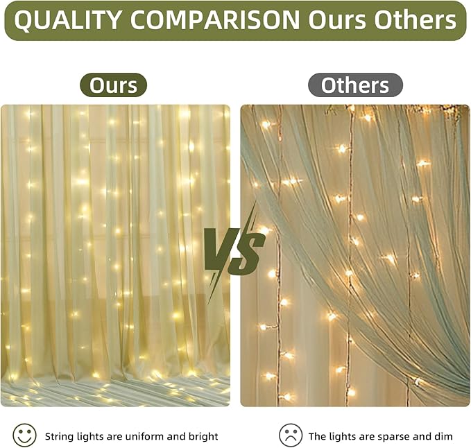 10x10FT Green Wrinkle Free Backdrop Curtains with Lights String for Parties - Photo Curtain Backdrop with Lights for Wedding Decorations, Bridal Baby Shower Birthday Party Photography Background