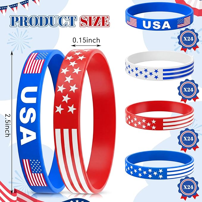 Sosation 96 Pcs 4th of July Party Favors Bracelets USA American Flag Red White and Blue Bracelet Patriotic Silicone Wristbands for 250th Anniversary Independence Day Party Favor