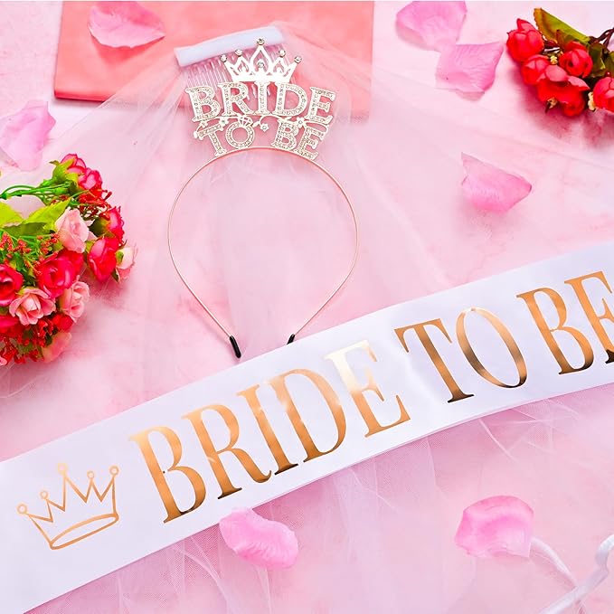 Bride To Be Accessories Set – Rhinestone Tiara Headband, Bride To Be Sash & Veil | Bachelorette Party Supplies, Bridal Shower Decorations, Bride Sash and Veil Set, Bride Accessories