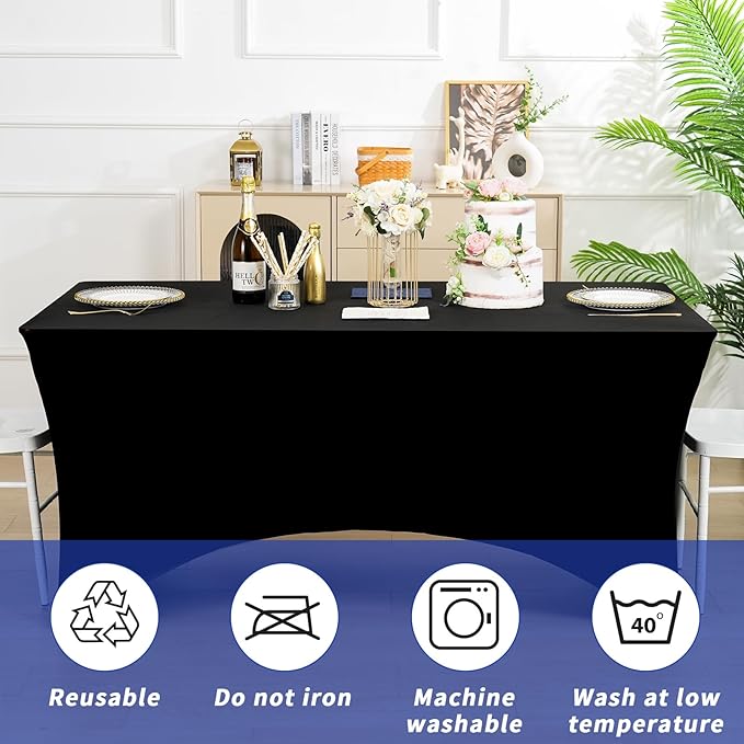 Fixwal 3 Pack Black Table Cloth for 6FT Rectangle Tables, Rectangular Tablecloths Stretch Spandex Fitted Table Covers 6FT for Parties, Trade Shows, Banquet, Weddings, Buffet, Graduation Decorations