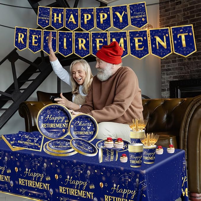 142Pcs Retirement Tableware Party Decorations Happy Retirement Party Supplies Blue Gold Plastic Disposable Banner,Cup,Tablecloth,Plates and Napkins Se