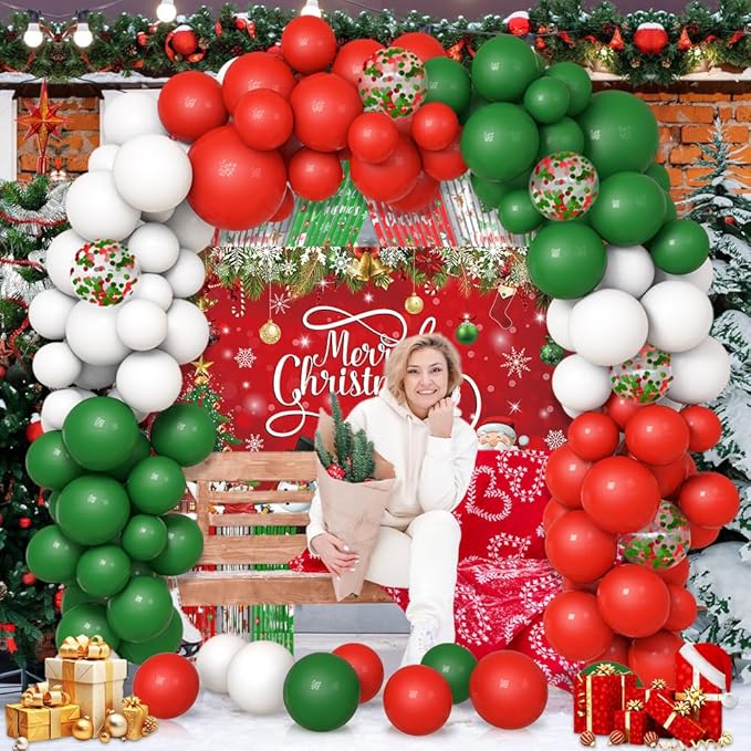 137pcs Merry Christmas Party Decorations Christmas Balloon Garland Arch Kit Red Green Foil Fringe Curtain Xmas Balloons Decorations Xmas Birthday Backdrop Party Balloons Supplies