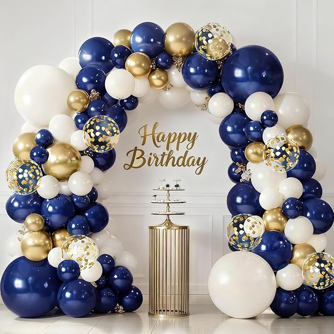 Blue and Gold Balloons Arch Kit, Navy Dark Blue Latex Balloon Arch Kit with Chrome Gold Sand White Balloons Garland and Gold Confetti Balloons for Wedding Boy Birthday Gender Reveal Party Decoration