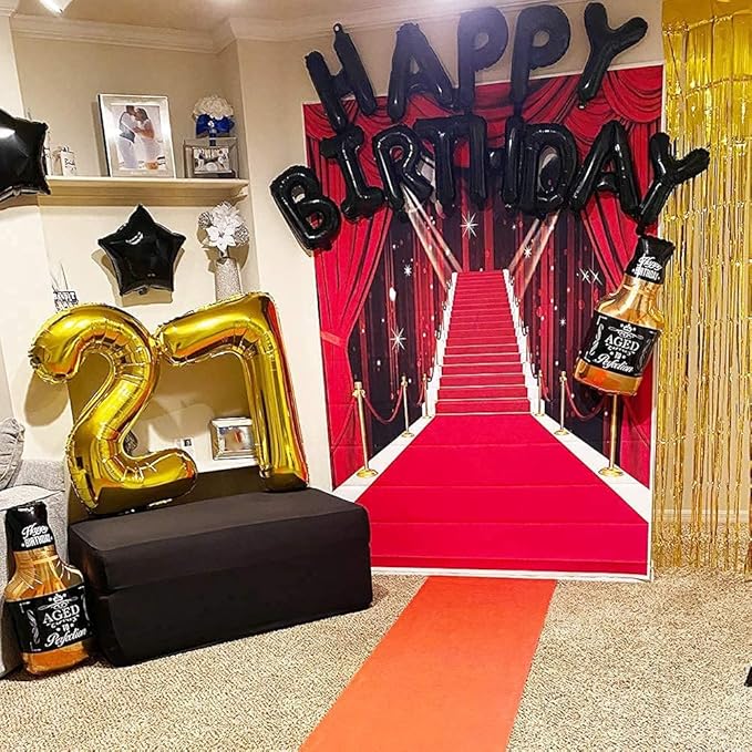 23pcs Birthday Balloons Banner, 3D Black Premium Mylar Foil Letter Happy Birthday Banner with 5pcs Star Balloons Kits for Kids, Girls, Boys, Men, Adults Party Decorations Supplies
