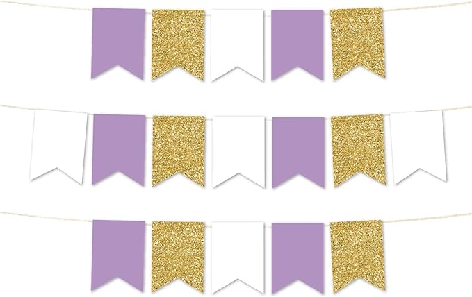 Andaz Press Hanging Pennant Banner with String, Lavender, White, Faux Gold Glitter, 1-Set, 24 Pennants, Approx. 12-Feet Long, Girl Baby Shower Theme Colored Supplies