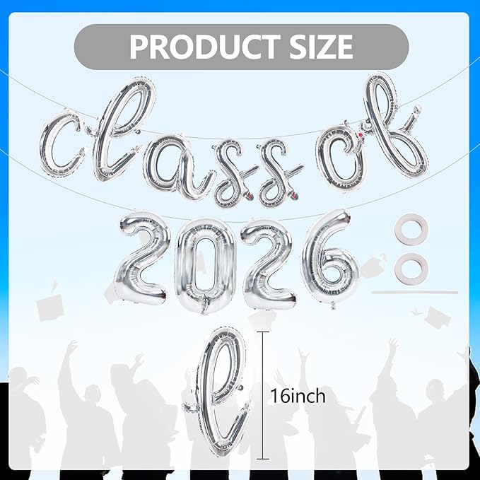 TONIFUL Silver Cursive Class of 2026 Graduation Balloon Banners 2026 Commencement Decor Grad Foil Balloons 2026 Congrats Grad Balloons for Class of 2026 Congratulation Graduation Party Supplies