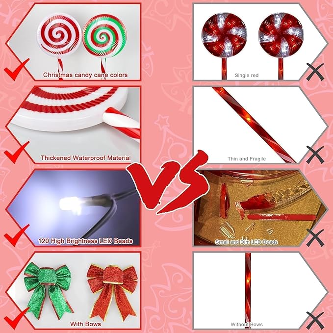 6 PCS Christmas Pathway Lights Outdoor Decorations, 28 Inch Lollipop Walkway Stake 8 Lighting Modes Flickering Candy Marker Waterproof Outside Christmas Decor for Garden Yard Lawn (Red Green)