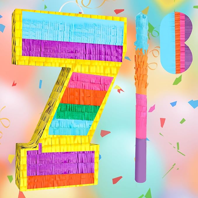 Rainbow Number 7 Pinata Birthday Decorations for Kids, Rainbow Pinata with Bat Stick Blindfold for Boys Girls 7th Birthday Celebrations Baby Shower Party Supplies (16.1x10.6x2.9 Inches)
