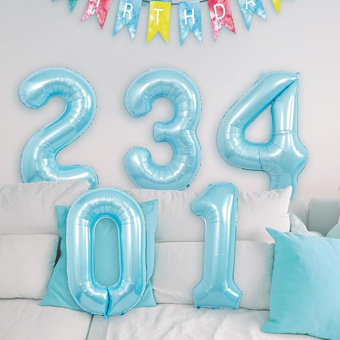 Blue Light Number Balloon, 40 Inch, Party Decorations for Birthdays, Boy Baby Shower, Wedding, Unisex, Includes 1 Balloon, 1 Roll String, 1 Straw