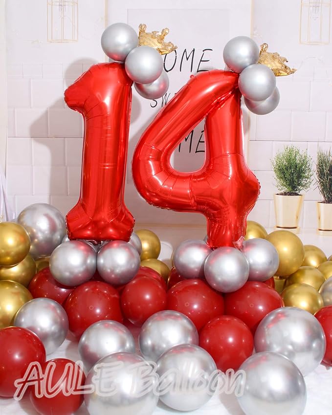 AULE 40 Inch Big Red Foil 14 Number Balloons for Women Large 14th Happy Birthday Decorations Giant Huge Helium Mylar 41 Anniversary Party Decor