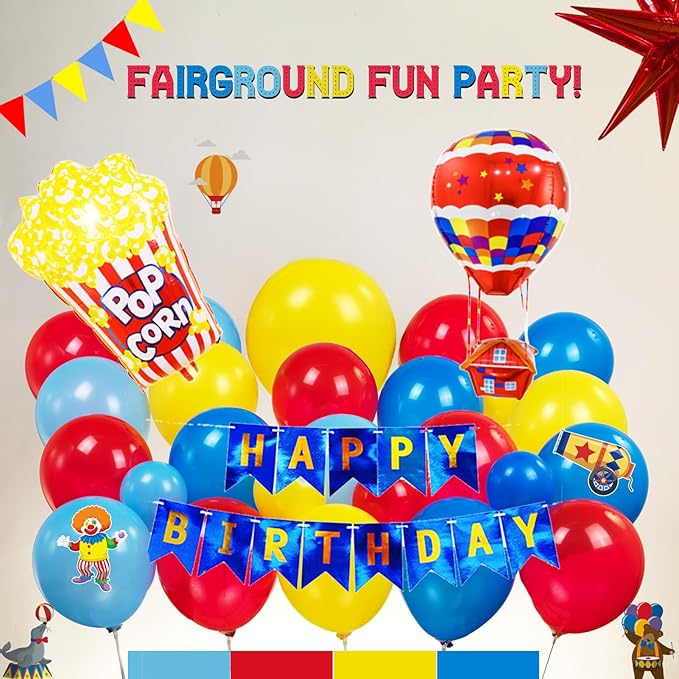 Circus Theme birthday party decorations & include red blue yellow balloon garland & foil hot air popcorn balloons & banner carnival road sign paper card background decor