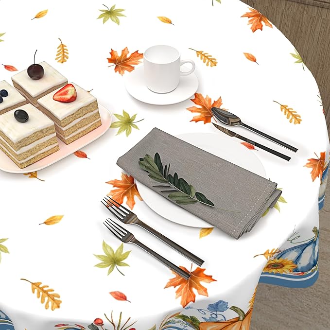 Fall Round Tablecloth 60 Inch Autumn Orange Pumpkin Outdoor Table Cloth Thanksgiving Tablecloth Maple Leaf Table Cover for Kitchen Dinner Room Holiday Party Home Decor