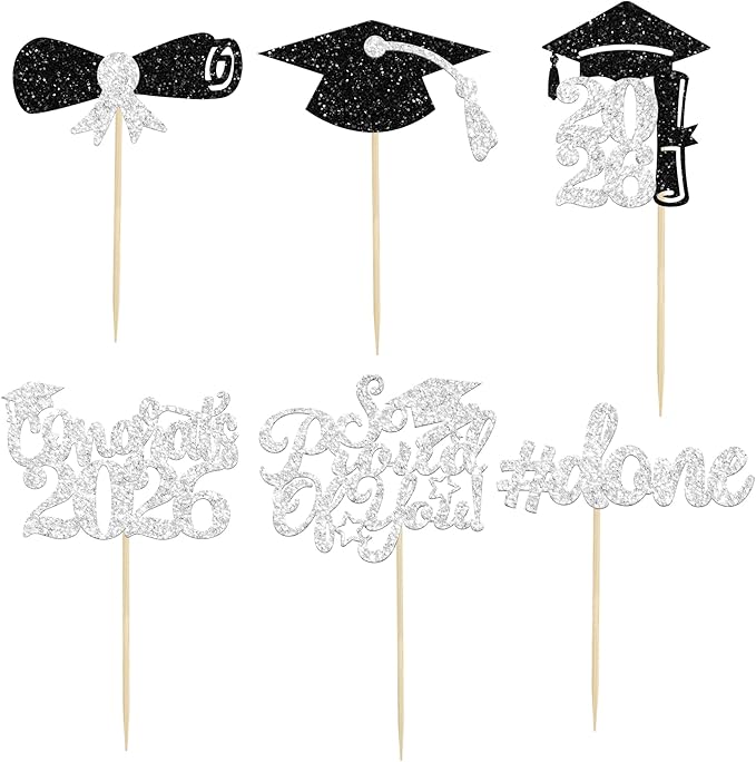 Gyufise 24Pcs Graduation Cupcake Toppers 2026 Silver Glitter Class of 2026 Cupcake Toppers Supplies So Proud of You Congrats Grad Cap Diploma Cupcake Picks for Graduation Party Decorations