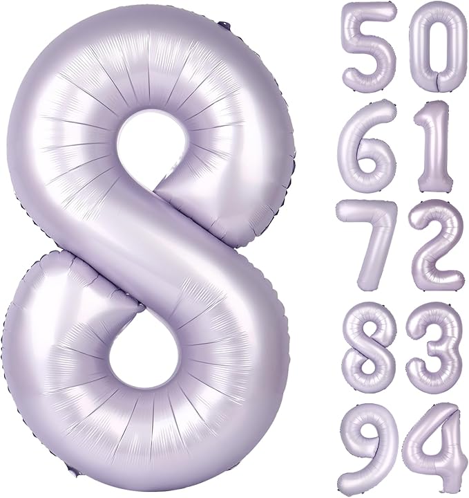 Lilac 8 Balloon, Number Balloons 40 Inch, 8th Birthday Decorations for Girls, Lavender Birthday Balloons, Lavender Party Supplies, Number 8 Balloon