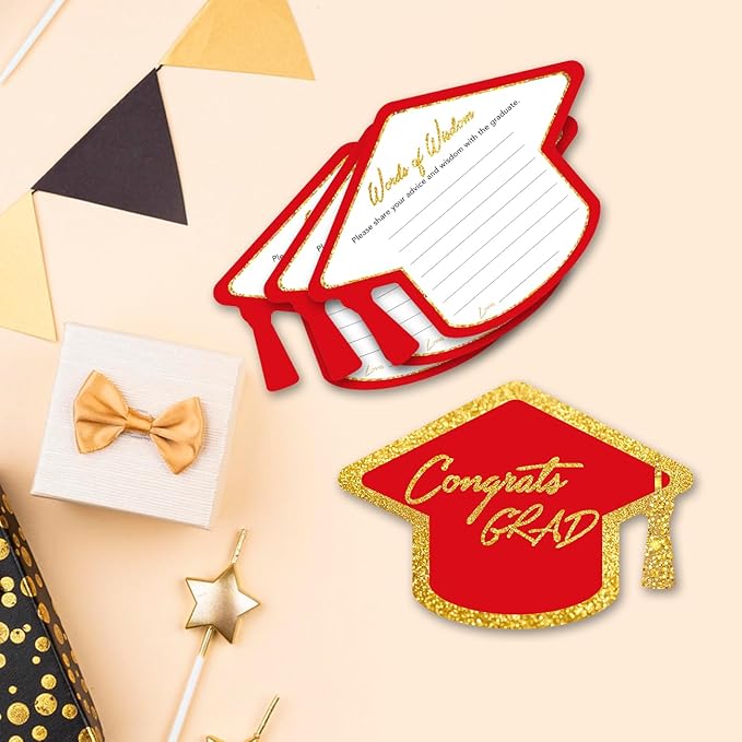 Yuzi-n Graduation Advice Cards for The Graduate (50 Pack), High School or College Graduation Party Games Decorations Supplies, Well Wishes Cards for Graduates, Advice For The Graduate Cards (Red)