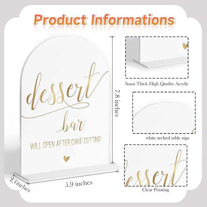 Dessert Bar Sign, White Arch Acrylic Wedding Sign, Dessert Table Decor, Wedding Reception Decorations, Bridal Shower Decor, Centerpiece Table Decorations Party for Bride and Groom-4