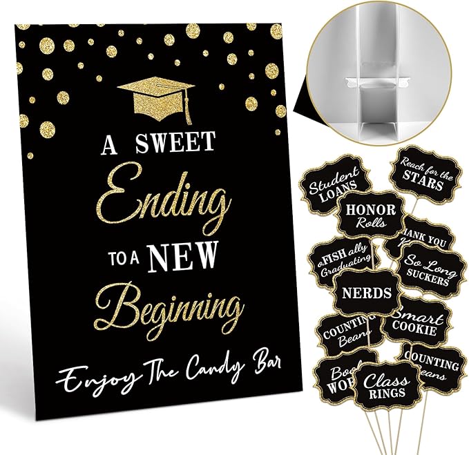 Graduation Candy Buffet Labels for Grad Party Decorations, Graduation Candy Bar Dessert Food Label Signs Set, Class of 2026 Grad Parties Table Decor Supplies (Black and Gold)