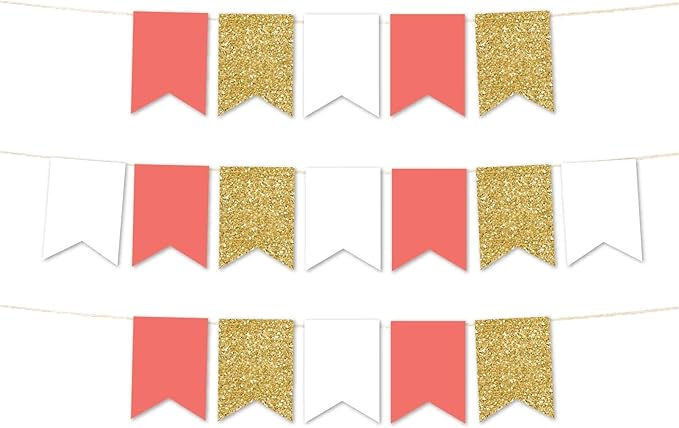 Andaz Press Hanging Pennant Banner with String, Coral, White, Faux Gold Glitter, 1-Set, 24 Pennants, Approx. 12-Feet Long, Nautical Bachelorette Party