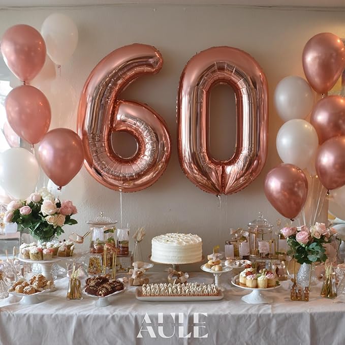 AULE 40 Inch Big Rose Gold Foil Mylar Number Balloons for Women 60th Birthday Party Decorations Giant Happy 60 Anniversary Party Decor