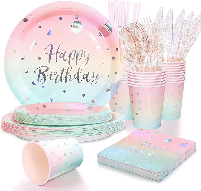 200 PCS Pastel Rainbow Party Decorations,Birthday Plates and Napkins Party Supplies, Rainbow Birthday Plates-Pastel Party Plates Napkins Cups for Kids Girls Birthday Baby Shower