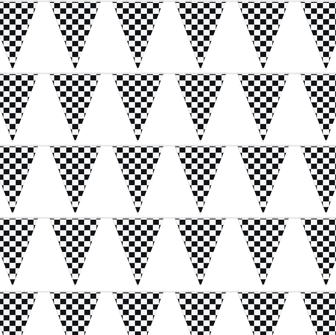 Checkered Flags Black and White 100’ FT Pennant Racing Banner | NASCAR Theme Party Decoration Plastic Flag | Race Car Parties Décor | Decorative Birthday BBQ Bar Hanging Accessories | 2-Pcs Banner Set