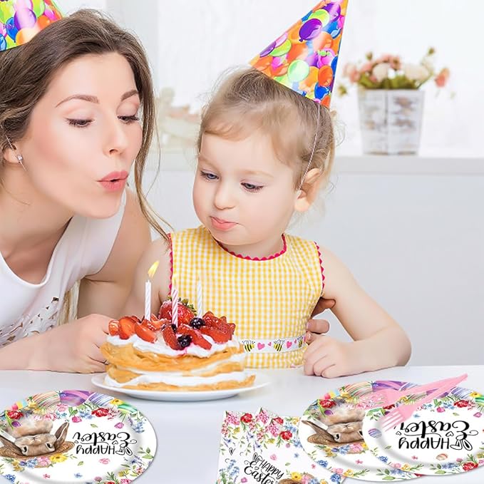 Spring Happy Easter Party Tableware Set 96 Pcs Disposable Plates Napkins Forks Cartoon Cute Rabbit Colored Egg Flower Kids Easter Party Decorations Serve 24 Guests