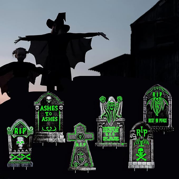 6 Pack Glowing in The Dark Halloween Tombstones Decoration for Graves, 16.5"x10" Large Outdoor Graveyard Decor Waterproof Plastic Grave Markers with 12 Stakes for Yard, Lawn Cemetery Displays