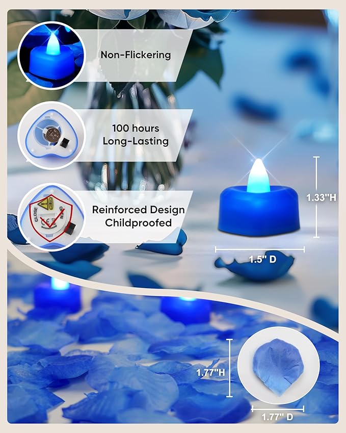 Amagic 4000 Pieces Blue Artificial Rose Petals with 50 Blue Heart LED Tea Lights, Rose Petals and Candles Set for Proposal, Anniversary, Romantic Night, Wedding Decor
