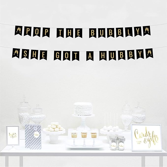 Andaz Press Faux Gold Glitter on Black Alcohol Party Banner Decorations, Pop The Bubbly She Got a Hubby, Champagne, Approx 5-Feet, 1-Set, Wedding Bridal Shower Bachelorette Hanging Pennant Decor