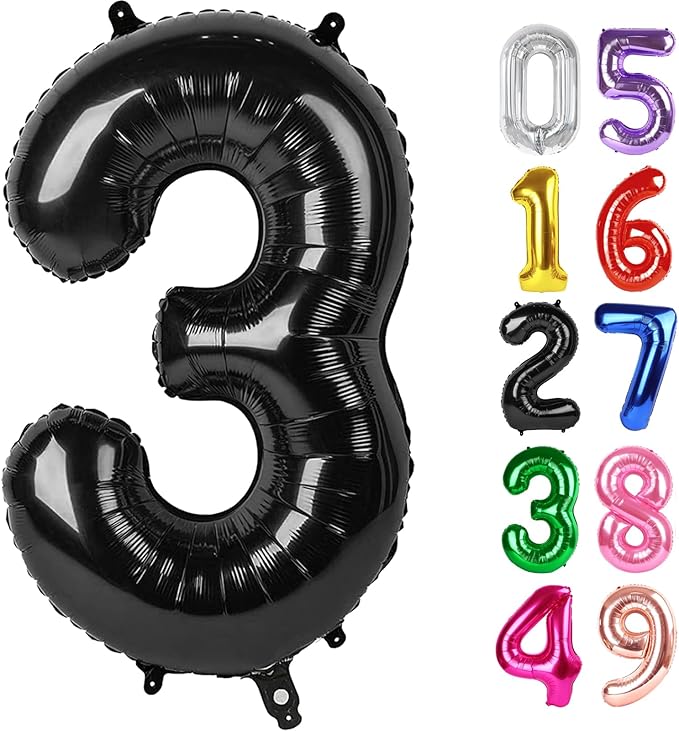 Black Number 3 Balloon 40 Inch, 3rd Birthday Celebration Supplies for Girls Boys Women Men, 3 Balloon for Girls Boys Theme Party