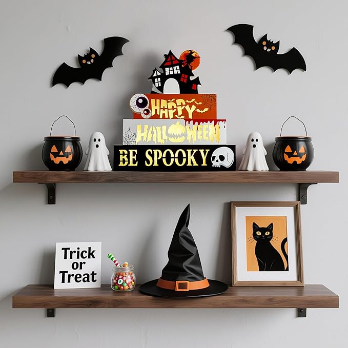 Halloween Decorations Indoor 9.4" 4-Tier Wooden Block Set with Glowing 3D Letters, Witch's House Topper, Battery Operated Spooky Halloween Décor Built-in Timer for Home, Mantel, Shelf, Table Decor