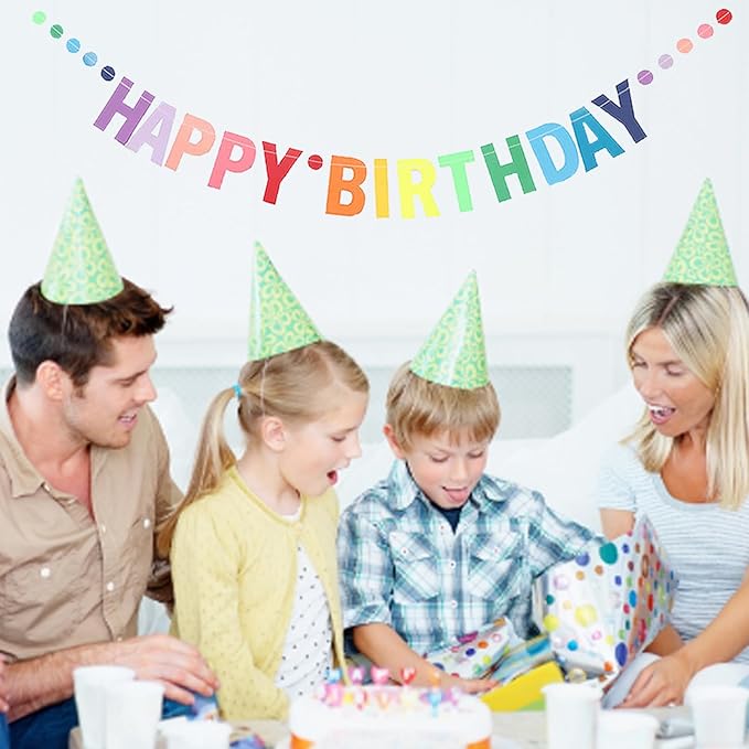 MEETINGU Happy Birthday Banner, Personalized Colorful Gradient Letters Banner, Rainbow Birthday Party Circle Dots Hanging Decorations for Kids Baby Adults Birthday Decorations Party Supplies