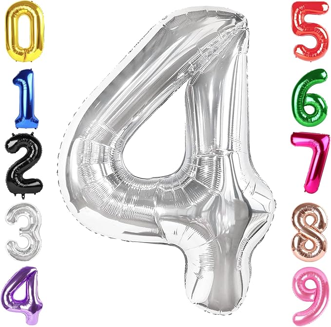 40 Inch Silver Number 4 Balloon, Giant 4 Number Balloons for 4th Birthday Decorations, Party Supplies for Baby Boy Girl, Silver Party Decor