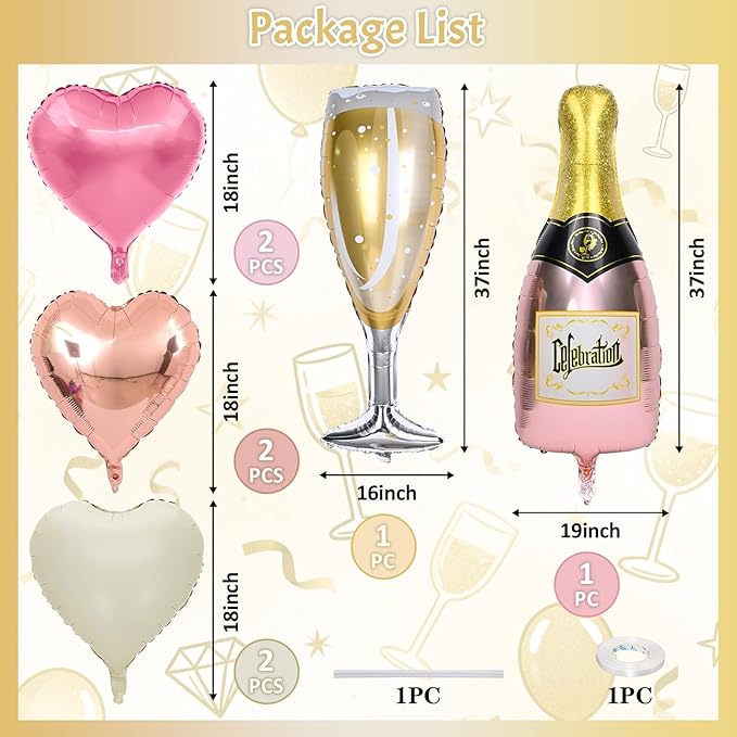 Champagne Balloons, Bachelorette Party Balloons with Champagne Bottle Glass Foil Balloon Rose Gold Pearl Pink Cream Heart Balloon for Engagement Birthday Bridal Shower Wedding Anniversary Decorations