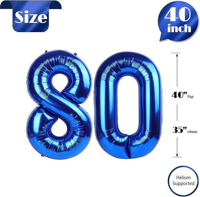 Navy Blue Number 80 Balloon 40 inch, 80 Number Balloons, 80th Navy Blue Birthday Decorations, 80 Year Old Women Men Blue Party Supplies