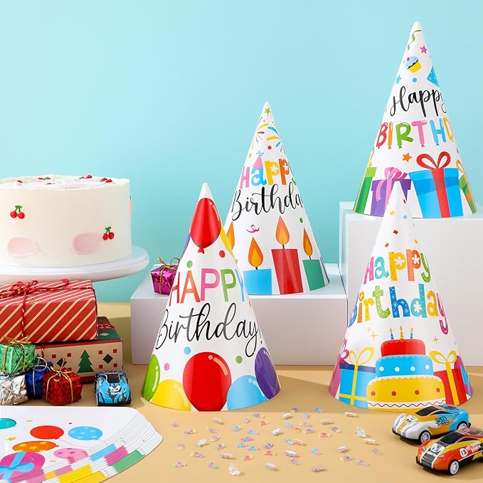 32Pcs Colorful Party Hats for Kids Happy Birthday Cone Paper Hats Classroom Celebration Supplies Favors