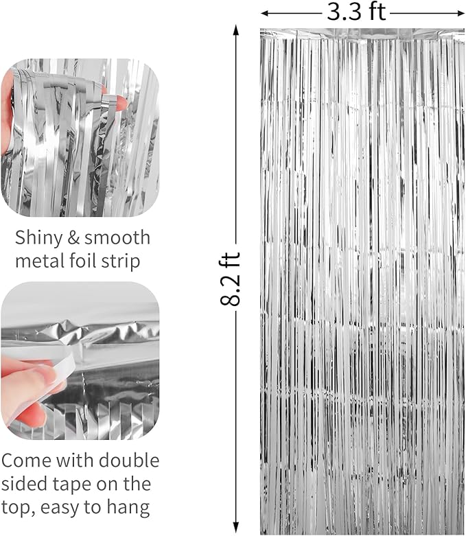 4 Pack Silver Foil Fringe Curtains Door Streamers Party Decorations 3.3 x 8.2 ft, Tinsel Curtain Fringe Backdrop for Parties, Door Fringe Birthday Streamers, Photo Booth Backdrops, Party Decor