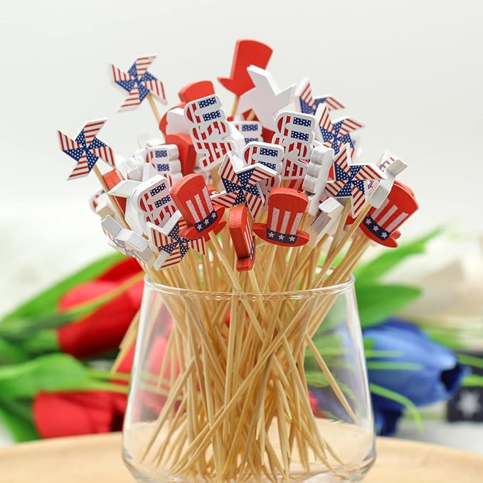 100pcs Patriotic Cocktail Picks Red White Blue 4th of July Decor Toothpicks Stick Skewer for Appetizer Charcuterie Accessories Fourth July Independence Memorial Veterans Election Day Party Decorations