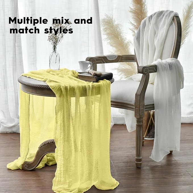 Artoid Mode Boho Light Yellow Gauze Wedding 6Pcs Table Runner, 120 Inch Seasonal Fabric Kitchen Dining Holiday Table Decor for Home Party Indoor