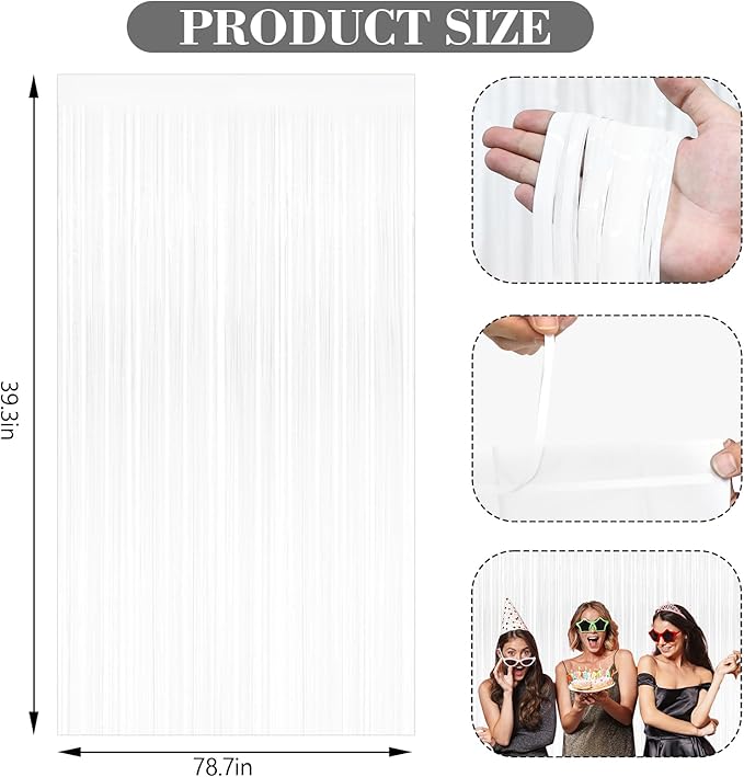 2 Pack White Foil Fringe Curtains, 3.3ft x 6.6ft Streamer Foil Curtain, Tinsel Backdrop for Birthday Party, Christmas Decor, Wedding Engagement Baby Shower Bachelorette Party Decorations