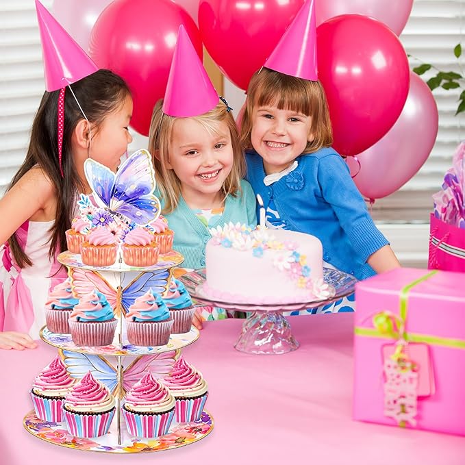 Butterfly Cupcake Stand,3 Tier Cupcake Tower,Butterfly Decorations with Floral Crown for Birthday Wedding Baby Shower Party Supplies Pink Purple Butterfly Dessert Cake Tower Stand