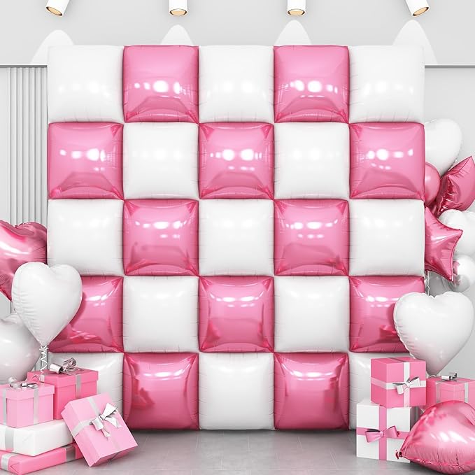 Pink White Square Foil Balloon Wall,25Pcs Double Sided Foil Balloons Backdrop Helium Polyester Tunnel Arch Garland Kit for Birthday Bridal Anniversary Baby Shower Party Decorations