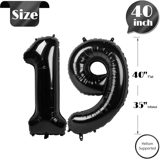 Black Number 19 Balloon 40 inch, 19 Number Balloons, 19th Black Birthday Decorations, 19 Year Old Girls Boys Party Supplies