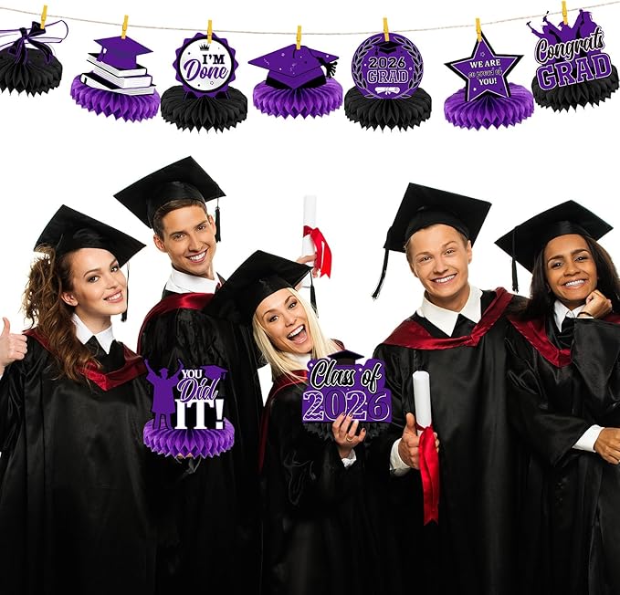 Yisong 9 Pieces 2026 Graduation Party Table Decorations Class of 2026 Congrats Graduation Centerpieces for Tables Congratulate Honeycomb Centerpiece Topper for Grad Party Supplies (Purple)